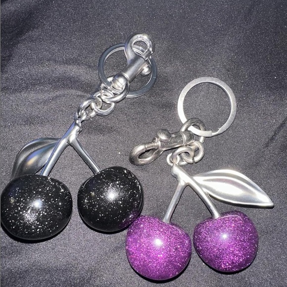 Cherry purse accessory set of 2 black and Purple Cherry Keychains - Picture 1 of 1